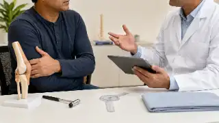 Orthopedic Consultation with Doctor and Patient in Clinic Stock Photo