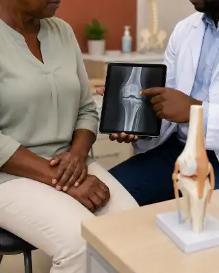 Orthopedic Doctor Discussing Knee X-Ray Treatment Plan with Patient - Clinical Consultation Photo