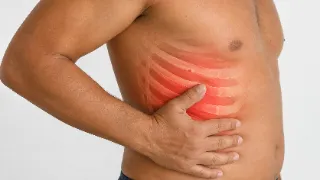 Patient Holding Torso Showing Rib Fracture and Chest Pain Illustration