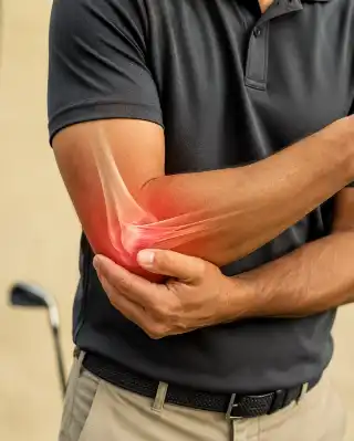 Golfer Elbow Pain and Joint Inflammation Sports Injury Medical Stock Photo