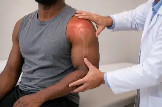 Doctor Examining Patient Shoulder Injury With Anatomical Overlay - Orthopedics Stock Photo