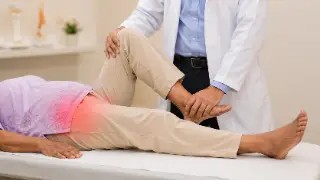 Doctor Examining Patient Hip Joint in Orthopedic Clinic Stock Photo