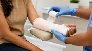 Orthopedic Surgeon Applying Cast to Patient Forearm in Clinic Stock Photo