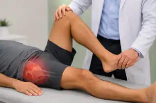 Doctor Performing Hip Rotation Physical Exam Test in Clinic