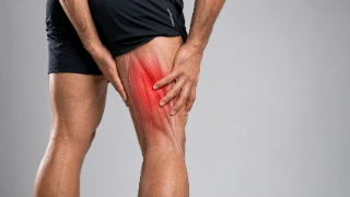 Male Athlete Holding Thigh with Hamstring Strain Pain Stock Photo
