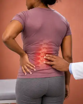 Physician Examining Patient Lower Back With Highlighted Lumbar Spine - Orthopedic Stock Photo