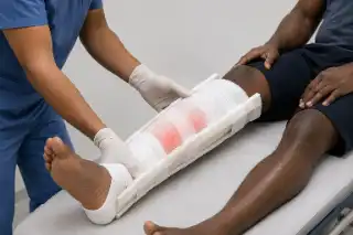 Medical Professional Applying Splint to Patient Leg - Orthopedic Treatment Stock Photo