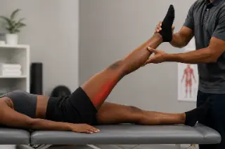 Physical Therapist Testing Hamstring Flexibility on Patient Leg - Clinical Stock Photo