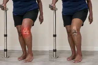 Knee Osteoarthritis Pain Before and After Joint Replacement Surgery Stock Photo