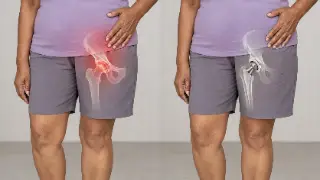 Comparison of Diseased Hip Joint Pain and Hip Replacement Implant Surgery Medical Illustration
