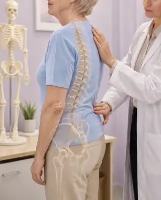Elderly Patient Undergoing Osteoporosis Spinal Assessment with Doctor Stock Photo