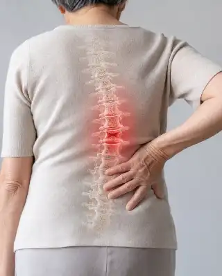 Elderly Woman with Osteoporosis Back Pain and Spinal Fracture Stock Photo