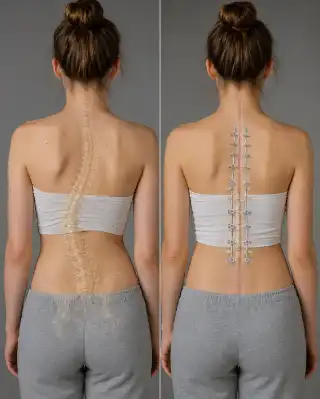 Scoliosis Spine Curvature Before and After Corrective Surgery Stock Photo