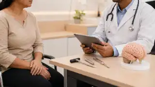 Neurologist Consulting with Patient Using Tablet in Clinic