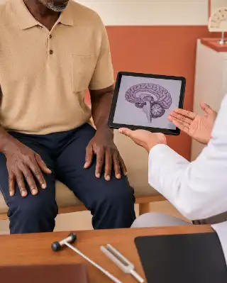 Neurologist Discussing Brain Scan with Senior Male Patient in Clinic