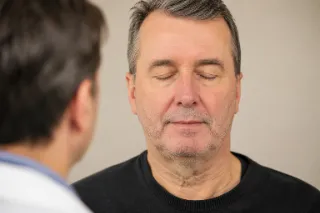 Neurologist Performing Facial Symmetry Examination on Adult Male Patient