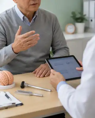 Neurologist Reviewing Cognitive History and Brain Model with Senior Patient