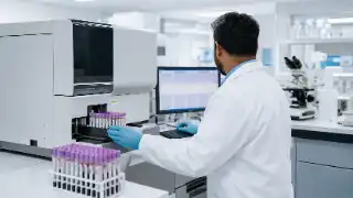 Hematology Laboratory Technician Analyzing Blood Samples with Automated Analyzer