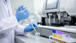 Laboratory Technician Performing Glucose Testing With Micropipette - Clinical Stock Photo