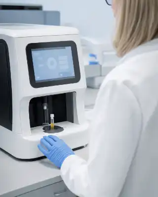 Laboratory Technician Performing Electrolyte Testing With Clinical Analyzer Stock Photo