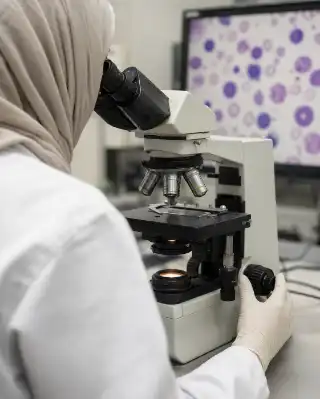 Female Scientist Examining Blood Smear Under Microscope in Laboratory