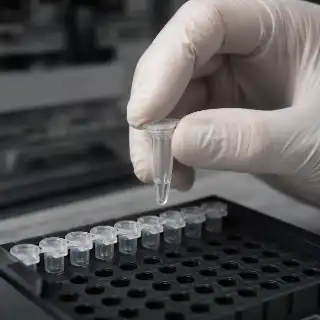 Laboratory Technician Holding PCR Tube in Molecular Biology Lab Stock Photo