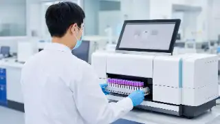 Laboratory Technician Loading Blood Samples Into Automated Hematology Analyzer
