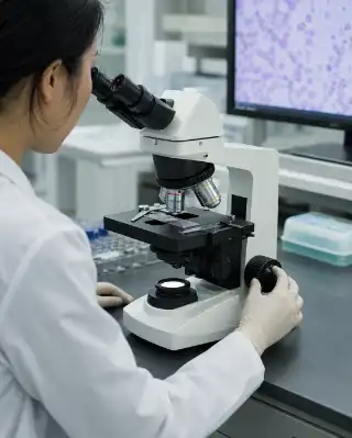 Female Scientist Examining Microscope Slide in Clinical Laboratory Stock Photo