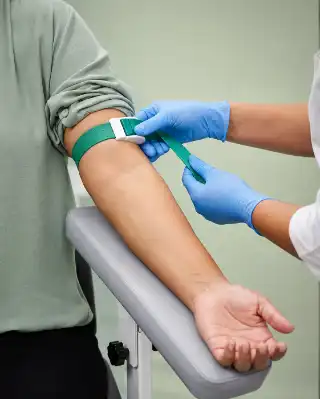 Medical Professional Applying Tourniquet to Patient Arm Before Blood Draw