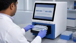 Laboratory Technician Loading Sample Vials Into Molecular Testing Analyzer - Stock Photo