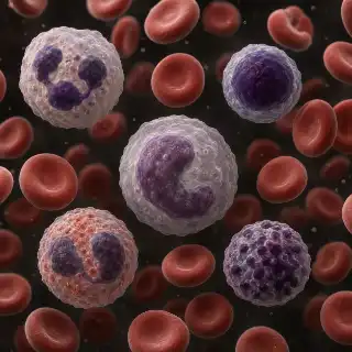 Detailed 3D Medical Illustration of Different White Blood Cells Among Red Blood Cells