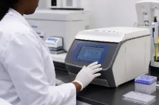 Scientist Using PCR Machine in Molecular Biology Laboratory Stock Photo