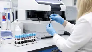 Medical Laboratory Technician Holding Blood Sample Tube in Coagulation Lab