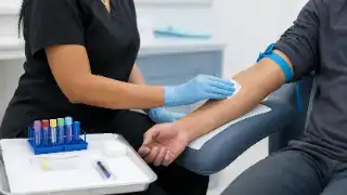Medical Professional Preparing Patient Arm For Blood Draw In Clinic