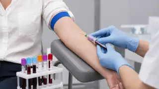 Medical Professional Drawing Blood Sample Into Multiple Tubes - Stock Photo