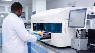 Laboratory Scientist Loading Blood Samples Into Automated Chemistry Analyzer